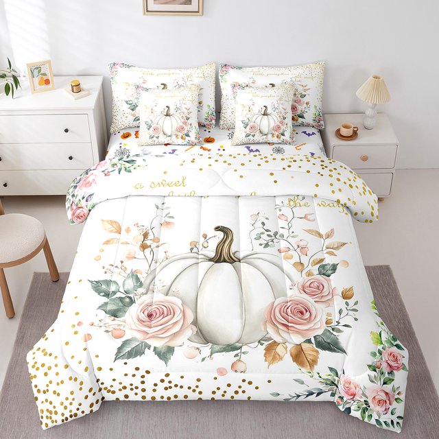 YST Ensemble de Douillette d'Automne 7 Pcs Citrouille de Récolte Format Simple, Ensemble de Literie pour Enfants Joyeuse Action de Grâce Rose Fleur Rose Ensemble de Literie Rustique de Ferme Feuille d'Érable d'Automne Ensemble de Draps avec Douillette