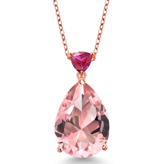 Gem Stone King 18K Rose Gold Plated Silver 18X13MM Pear Shape Peach Nano Morganite and 5MM Trillion Red Created Ruby Pendant Necklace for Women | 10.78 Cttw | with 18 inch Chain