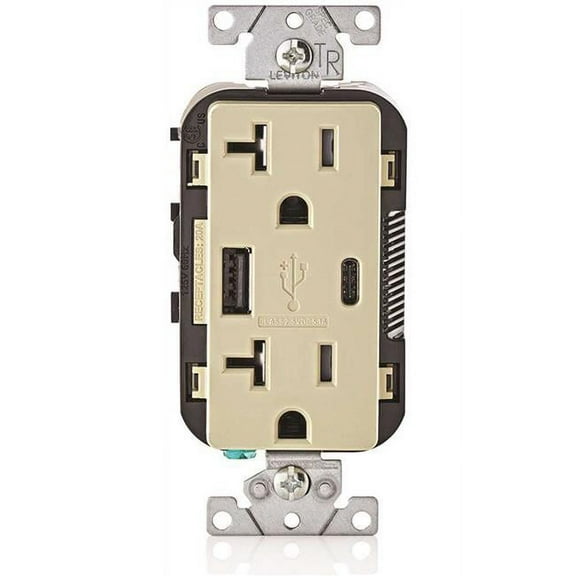 Leviton T5833-I 20A Tamper Resistant Duplex Outlet with Type A & Type-C USB Chargers, Ivory