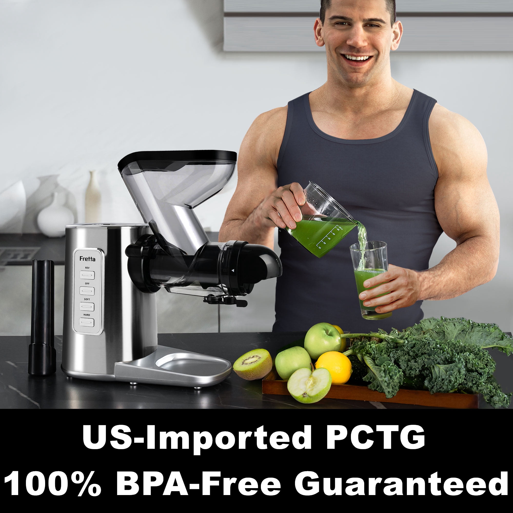 Fretta Juicer Machines,Cold Press Juicer with American-Sourced PCTG Material,3-Inch Wide Feed Chute Fits Whole Fruits & Vegetables,Stainless Steel & Easy to Clean,Quiet 200W DC Power