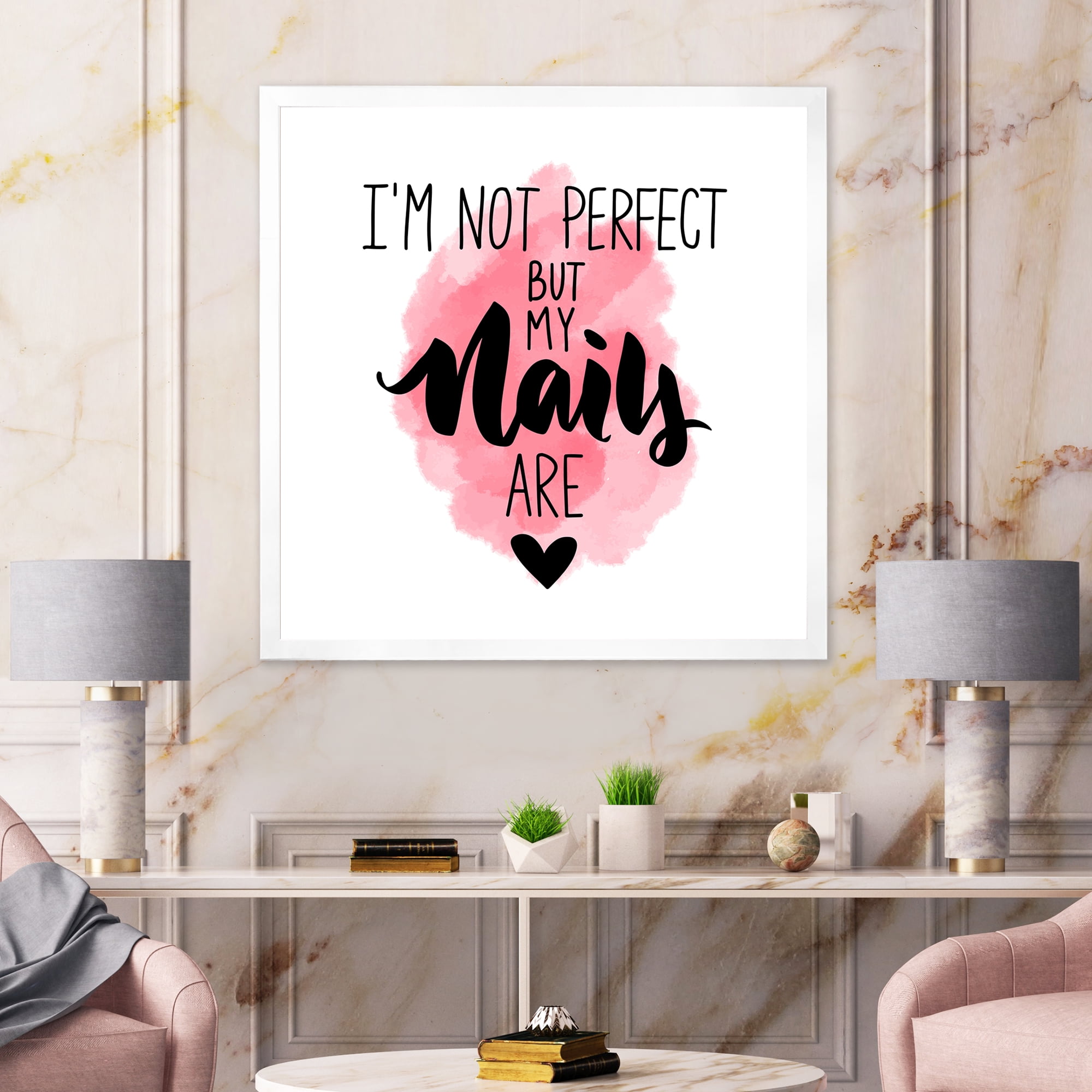 Designart 'I Am Not Perfect But My Nails Are on Pink Background' Modern Framed Art Print