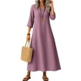 thumbnail image 2 of UoCefik Women Linen Dress Modest Flowy 3/4 Sleeve Maxi Long Dresses Elegant Fall V Neck Dress Plus Size Casual Beach Vacation Sundress Purple S, 2 of 5