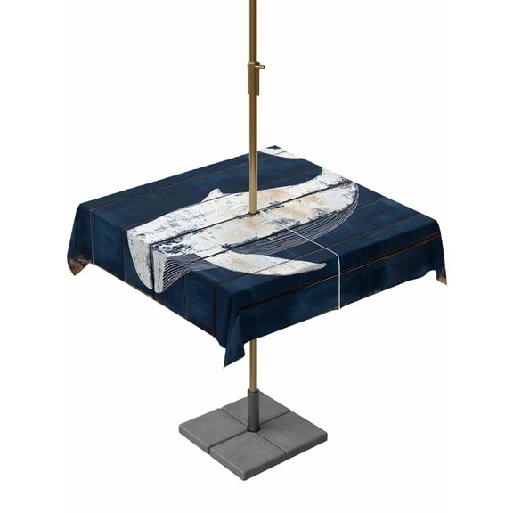 Outdoor Tablecloth with Umbrella Hole, Vintage Ocean Whale Silhouette Zippered Table Cloth for Rectangle Tables, Navy Blue Farm Wood Grain Washable Waterproof Tablecloths for Picnic Patio Garden