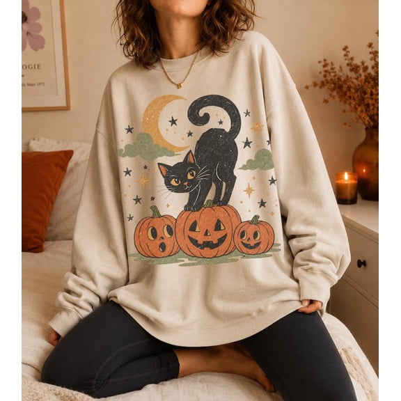 Halloween Black Cat Sweatshirt, 90s Vintage Spooky Season Sweatshirt