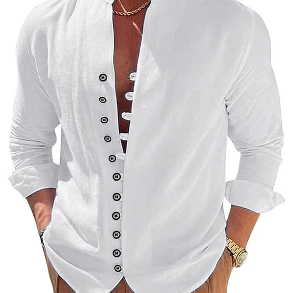 Camisa de lino para hombre, camisa de lino de algodón de manga larga con cuello alto y tapeta de botones, camisa ligera de verano para hombre, camisa casual, camisa henley