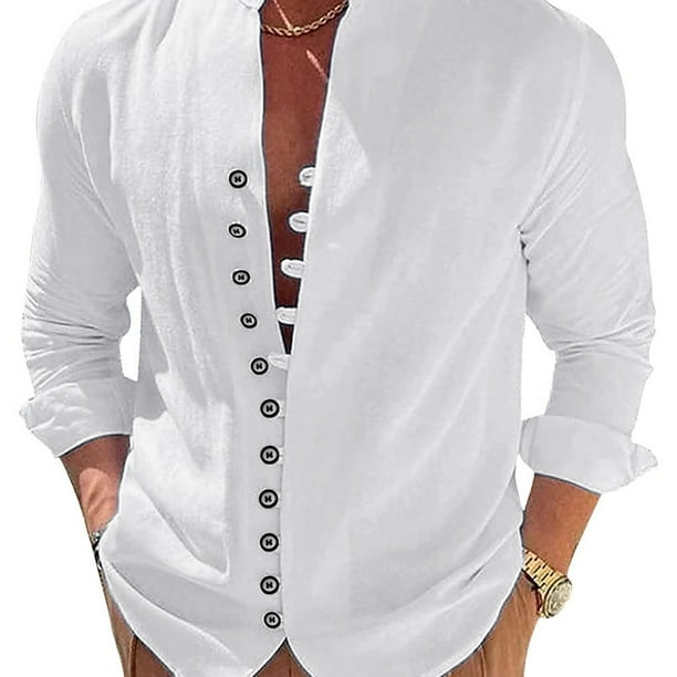 Camisa de lino para hombre, camisa de lino de algodón de manga larga con cuello alto y tapeta de botones, camisa ligera de verano para hombre, camisa casual, camisa henley