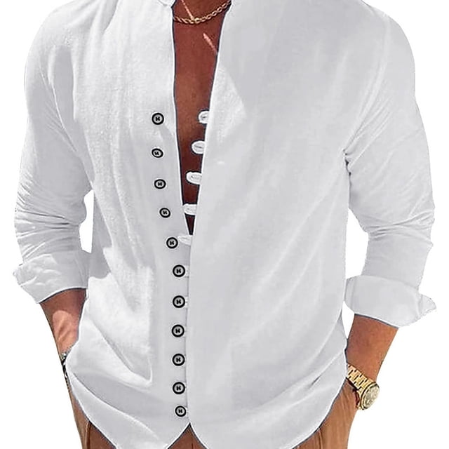 Camisa de lino para hombre, camisa de lino de algodón de manga larga con cuello alto y tapeta de botones, camisa ligera de verano para hombre, camisa casual, camisa henley