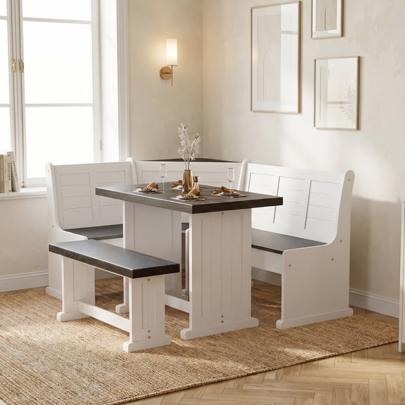 Koby Home Breakfast Nook Table Set with Charging Port, Cedar Wood Storage Bench for Kitchen, White