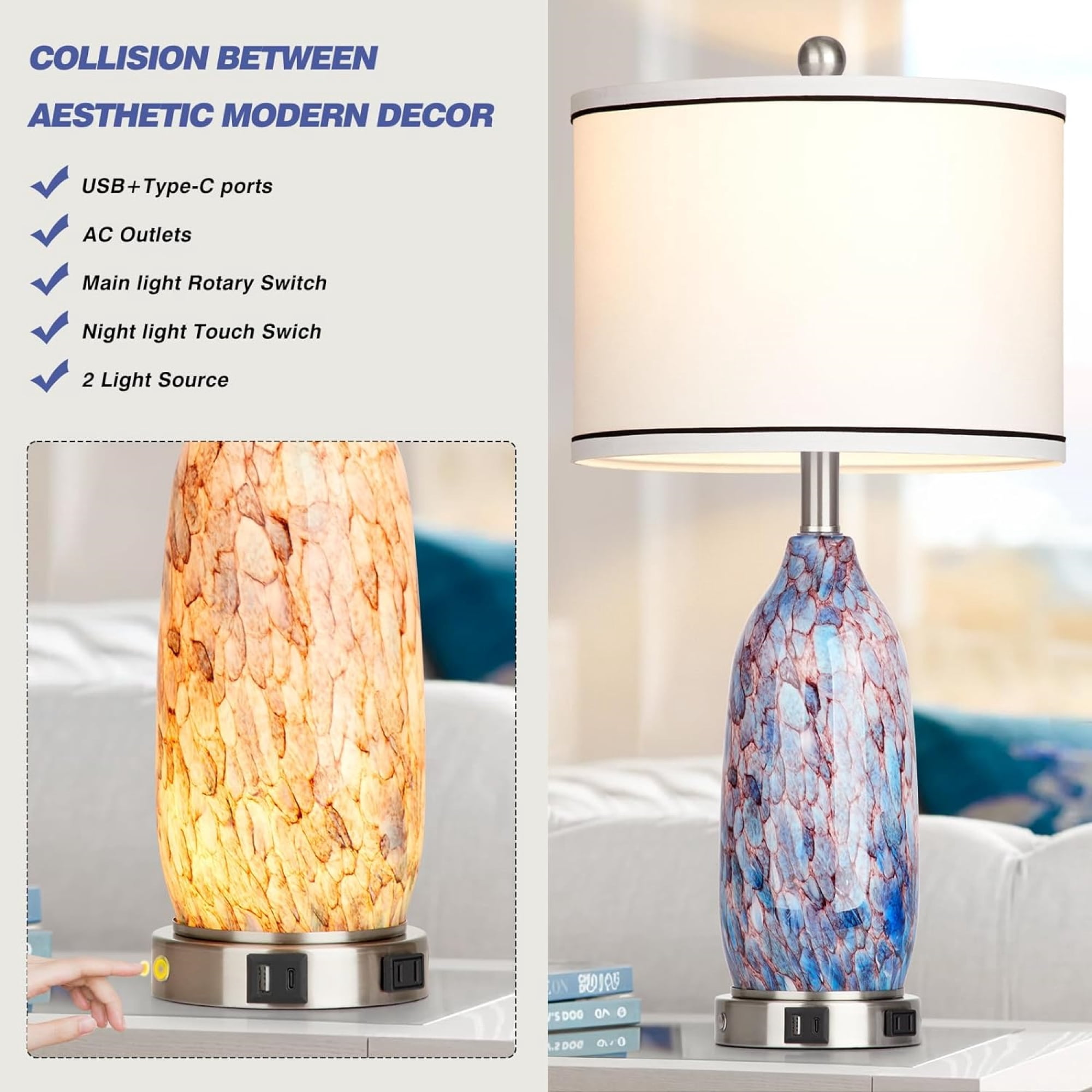 Cinkeda Cosatal Glass Table Lamps Set of 2 for Living Room Bedroom 3 Way Dimmable Touch Control Bedside Nightstand Lamp with USB A+C Ports AC Outlet Nightlight