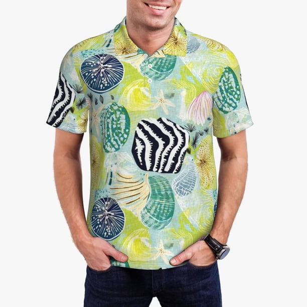 Fotbe Shell Clam Camiseta Polo de Golf para Hombre con Estampado – Camisa Deportiva Transpirable con Cuello Abotonado-Large