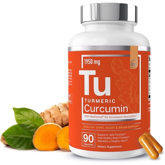 Essential Elements Turmeric Curcumin - Joint, Heart & Brain Support - with BioPerine for Optimal Absorption 1950 mg - 90 Count - 30 Servings