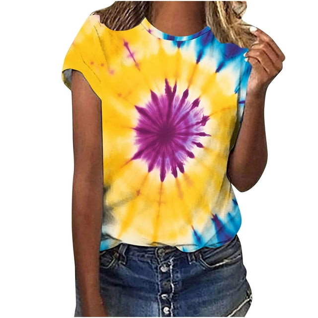 Camisas de Manga Larga para las Mujeres Suelto Ajuste Impreso Mangas Cortas Regulares Cuello Redondo Superior, Poliéster
