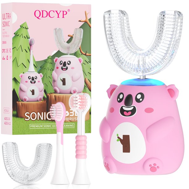 Cepillo de dientes eléctrico infantil QDCYP en forma de U, 6 modos, rosa