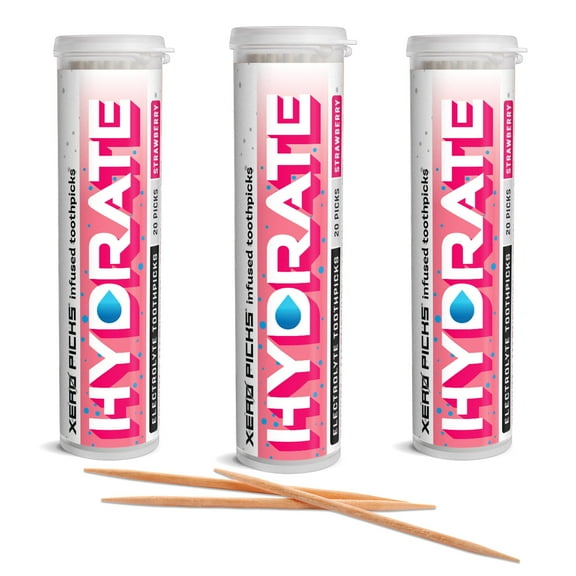 Xero Picks Hydrate - Electrolyte Flavored Toothpicks -60 Picks-Variety 3 Pack - Strawberry - Sodium, Potasium, Magnesium, Calcium