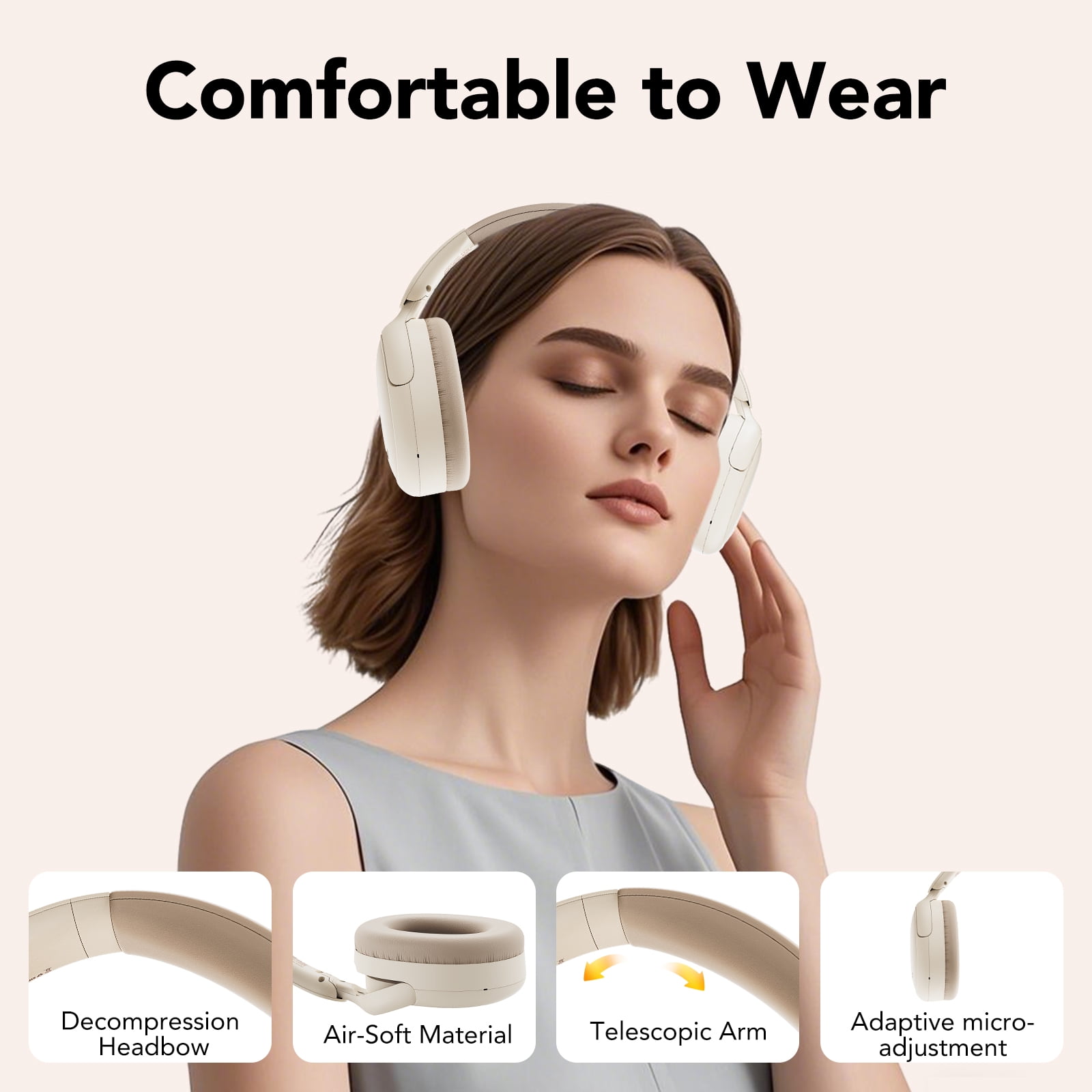 Hybrid Active Noise Cancelling -45dB, Bluetooth Headphones 5.4, 50H Playtime, Clear Call with 4 Mics, Bass Boosted by 90%, Comfort Fit Over Ear Headphones for Travel Home Office PC Beige