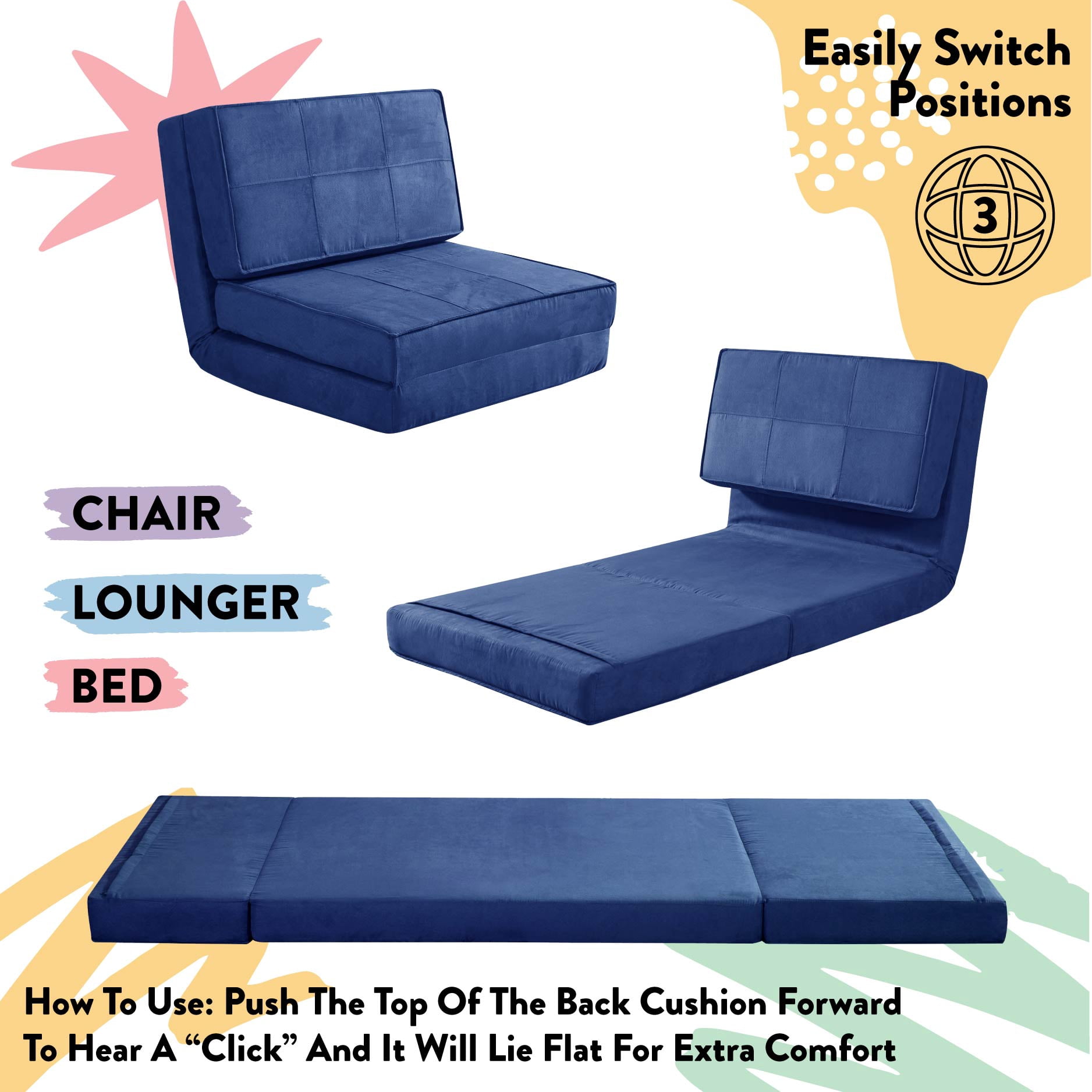 Room Revival Ultra Soft Suede 3-Position Convertible Flip Lounge Chair, Blue