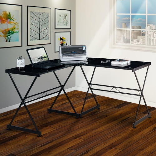 Zeeyh LShaped Glass Computer Desk, Black