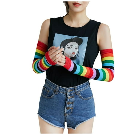 

wendunide clothing accessories Colorful Striped Rainbow Sleeve Candy Color Student Summer Sun Protection Sleeve Black