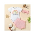 thumbnail image 2 of Baby Short Sleeve Romper + Shorts + Bow Headband, Letter Rainbow Print Sweet Style Summer Clothing, 2 of 9