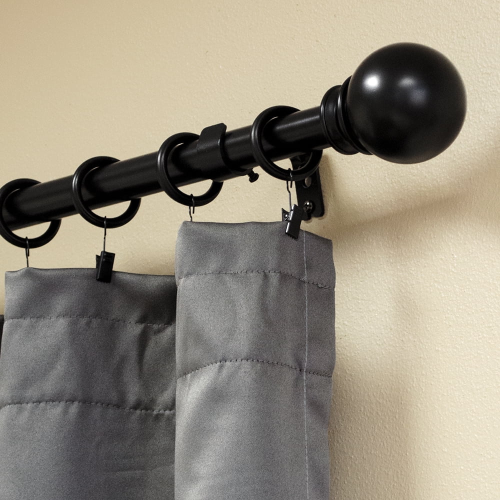 Lumino 1" Black Classic Ball Adjustable Single Curtain Rod Set, 42"-120"
