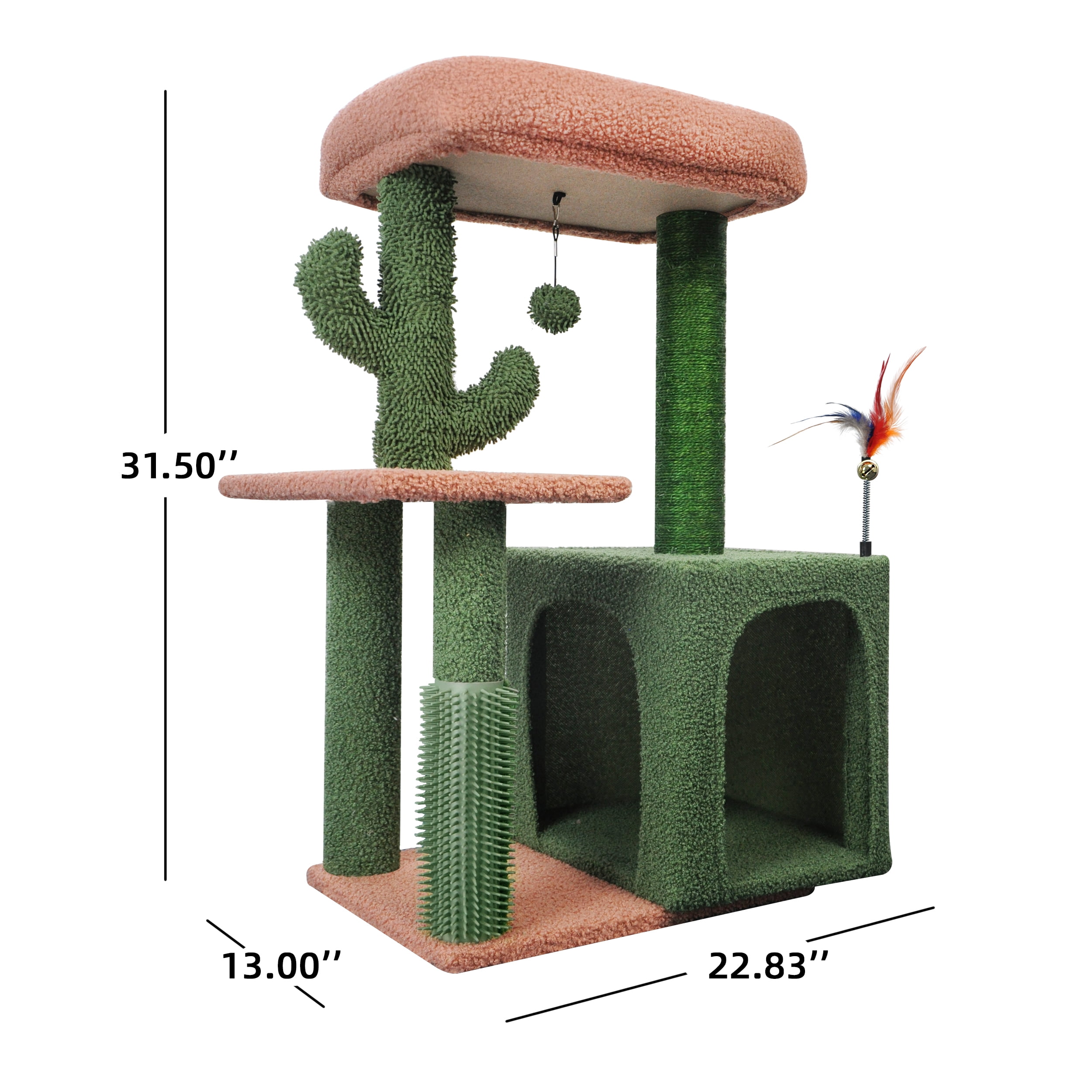 AIWIKIDE 31.50" Cactus Cat Tree for Indoor Cats with Cat Condo and Scratching Post,Cute Cat Tower with Self-Grooming Brush and Toy Balls,Green