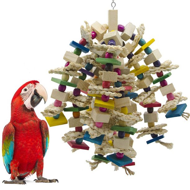 Jaula de pájaros para morder, juguete para guacamayos grises africanos, cacatúas, loro grande, bloques para masticar, nudos rasgados
