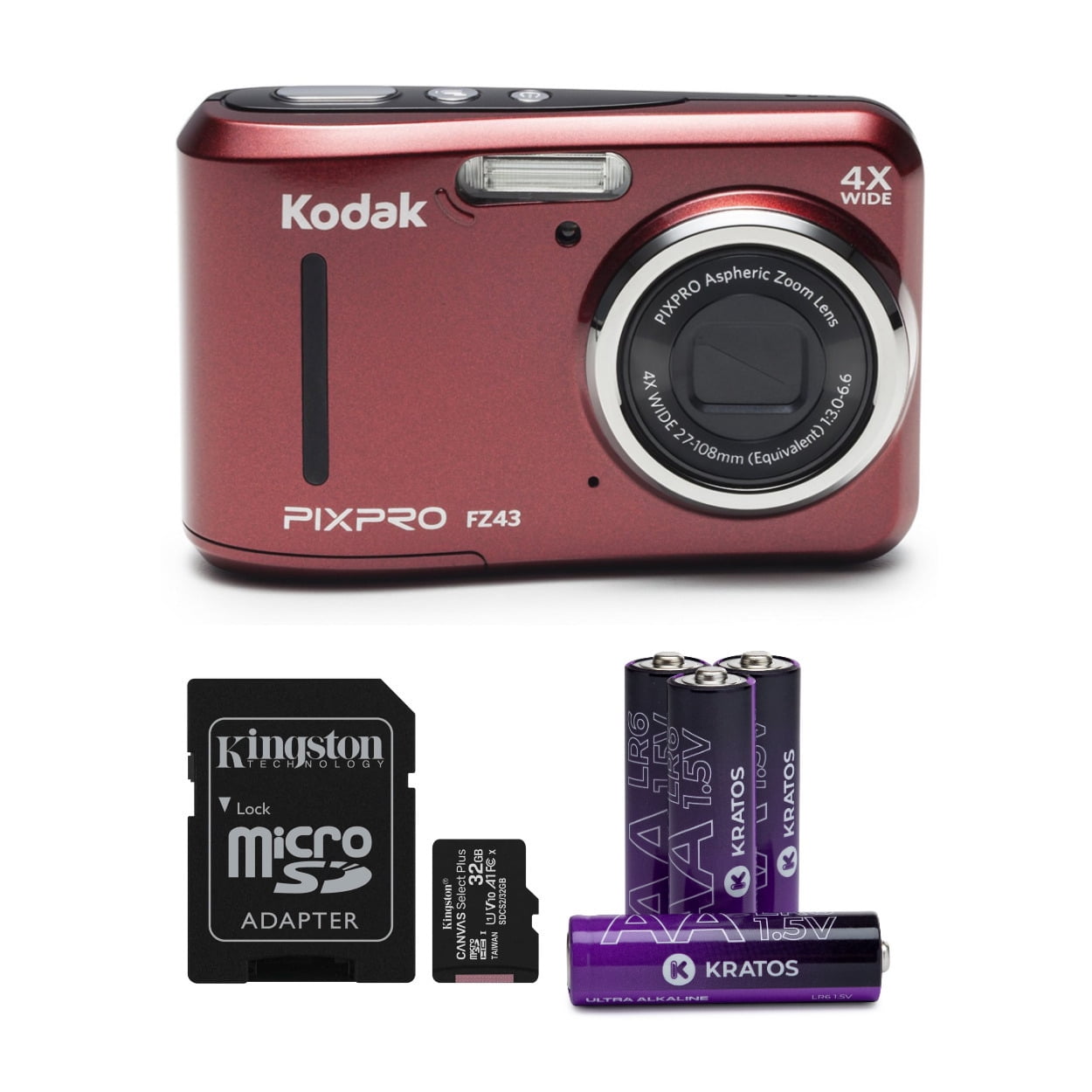 Kodak PIXPRO FZ45 Friendly Zoom Digital Camera (Red) Memory Card and