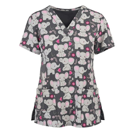 

Women Short Sleeve V-Neck Scrub Top Nurse Working Uniforms T-shirt
