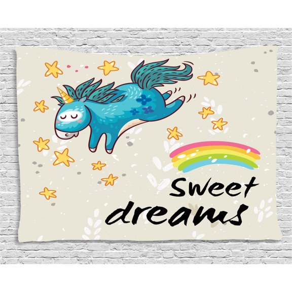 Sweet Dreams Tapestry, Fantastic Childish Composition with Unicorn Doodle Style Stars and Rainbow, Wall Hanging for Bedroom Living Room Dorm Decor, 60W X 40L Inches, Multicolor, by Ambesonne