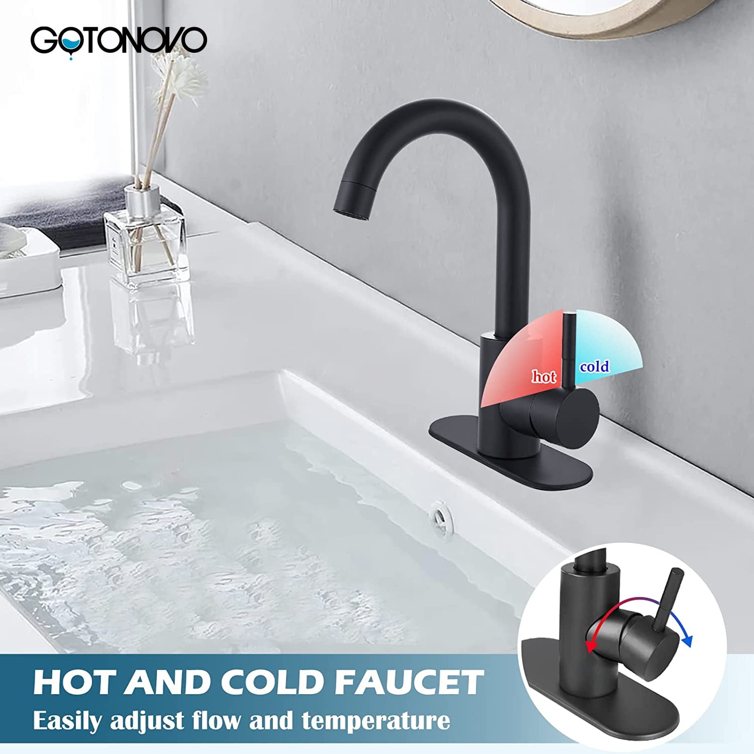 gotonovo Matte Black Single Handle Bathroom Sink Faucet, Wet Bar Pre-Kitchen Farmhouse RV Small Vanity Faucet with 360°Rotation Spout with Deck Plate, Supply Hoses and Drain Stopper