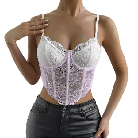 Clearance! Delayuji Womens Tees and Tanks Women s Floral Lace Mesh Corset Vest Spaghetti Strap Tops Going Out Slim-Fit Camisole M Clear