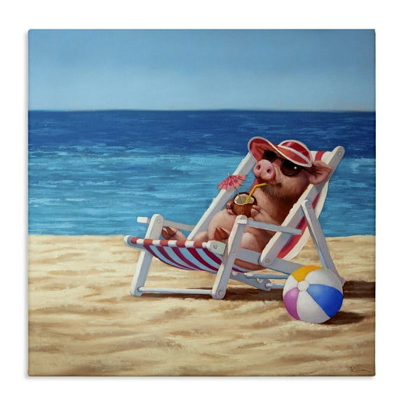 Stupell Industries Pig with Beach Cocktail Novelty Painting Gallery Wrapped Canvas Art Print Wall Art, 17 x 17