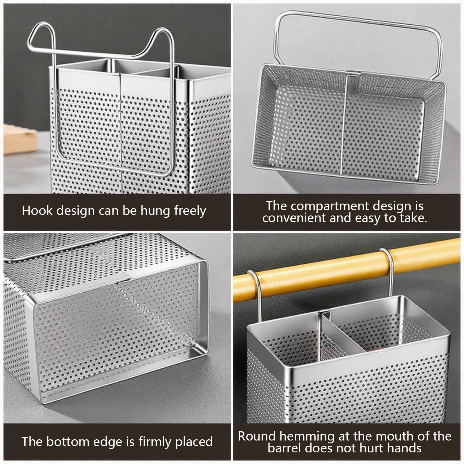 Stainless Steel Chopsticks Holder Ventilated Utensil Organizer with Hanging Hook for Kitchen Countertop Wall Mount Storage Solution for Forks Spoons Cooking Tools Drainage Design