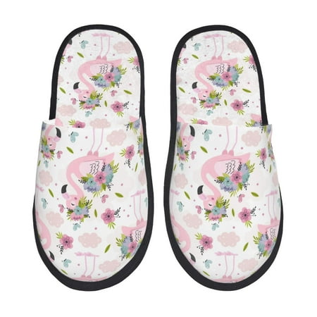 Balery Flamingo And Flowers Slient Indoor Furry Fleece Comfort House Shoes Soft Non-Slip Home Shoes Cotton slippers House Slippers-- Large