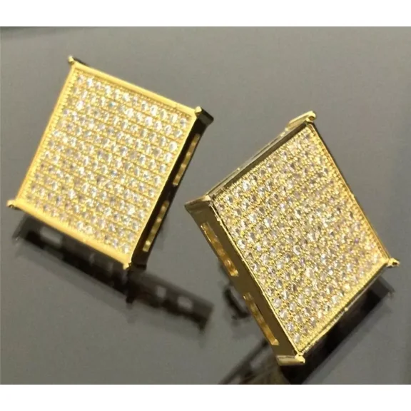 Large Rectangular 14K Gold Plated Micro Pave Fully Iced CZ Men & Women 20mm Stud Earrings