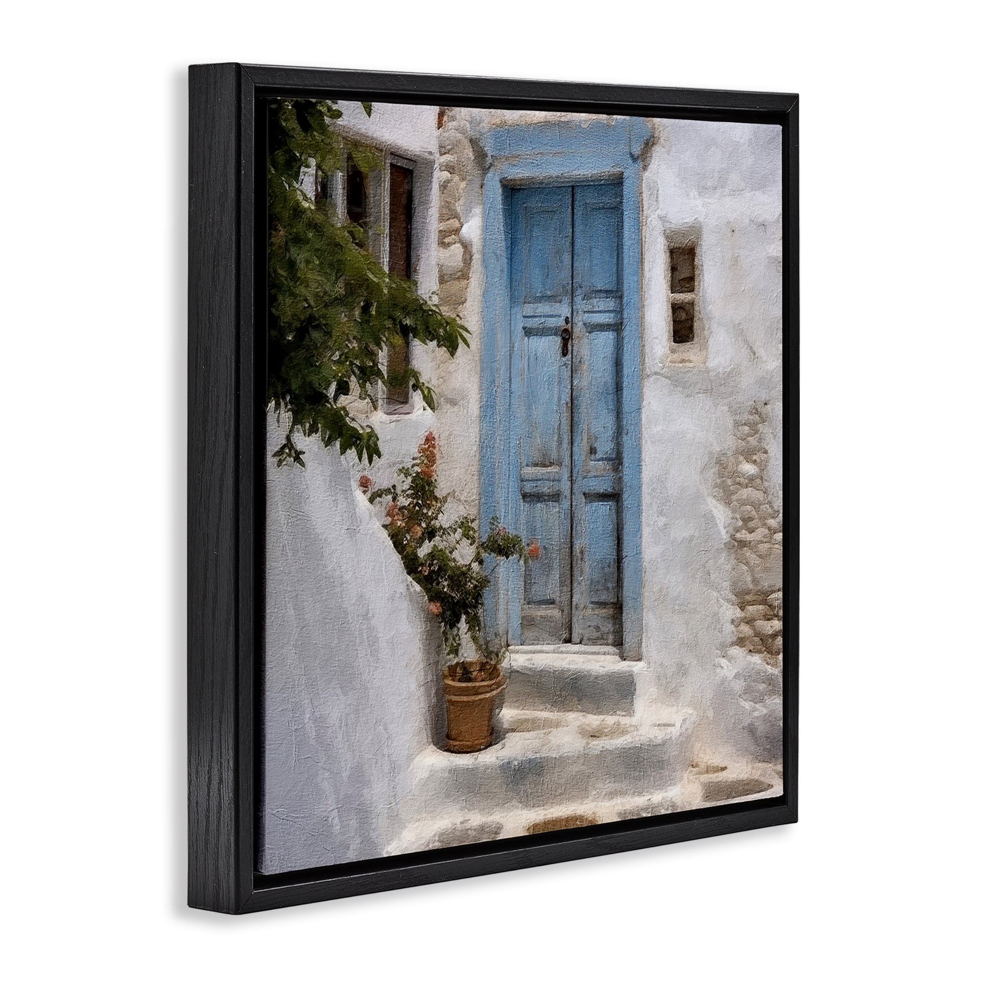 Stupell Industries Blue Greek Door Town & City Painting Black Floater Framed Canvas Art Print Wall Art, 18 x 18