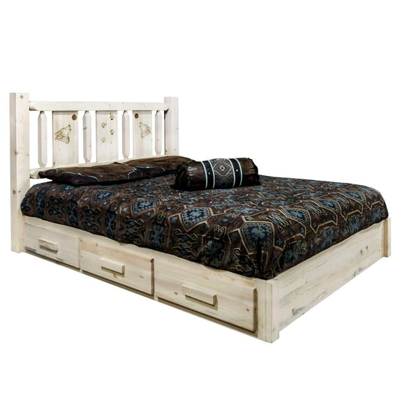 Homestead Collection Platform Bed w/ Storage, King w/ Laser Engraved Wolf Design, Ready to Finish