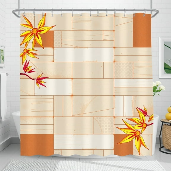 Modern Geometric Shower Curtain with Floral Motif - Beige & Orange