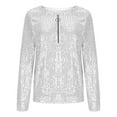 thumbnail image 3 of Women Quarter Zip Pullover Sparkly Long Sleeve Sequin Pullover Sweatshirt Top Party Outwear Ladies Shiny Tunic Shirt White S, 3 of 5