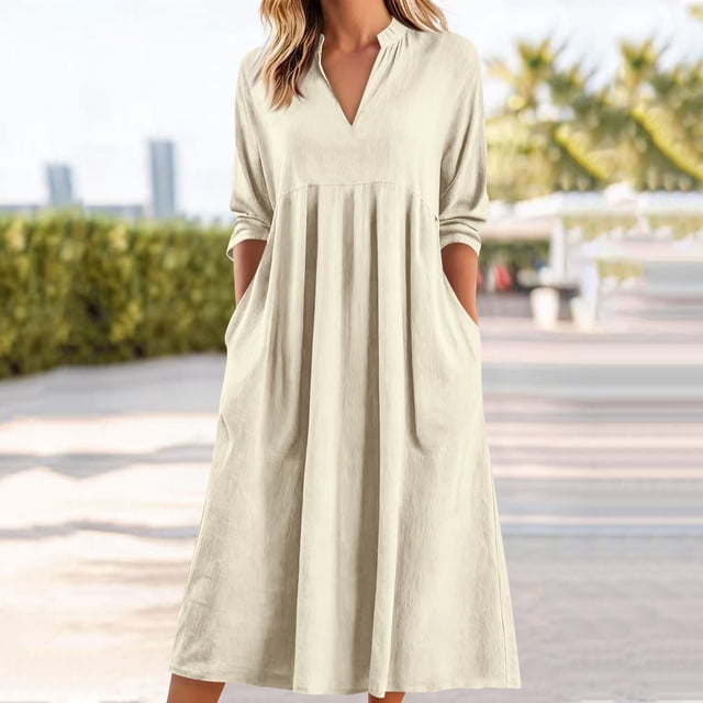 TaTaai Women's Casual V-neck Cotton Linen Loose Long Dress Three Quarter Sleeve with Functional Pockets Soft Breathable Dress Gift