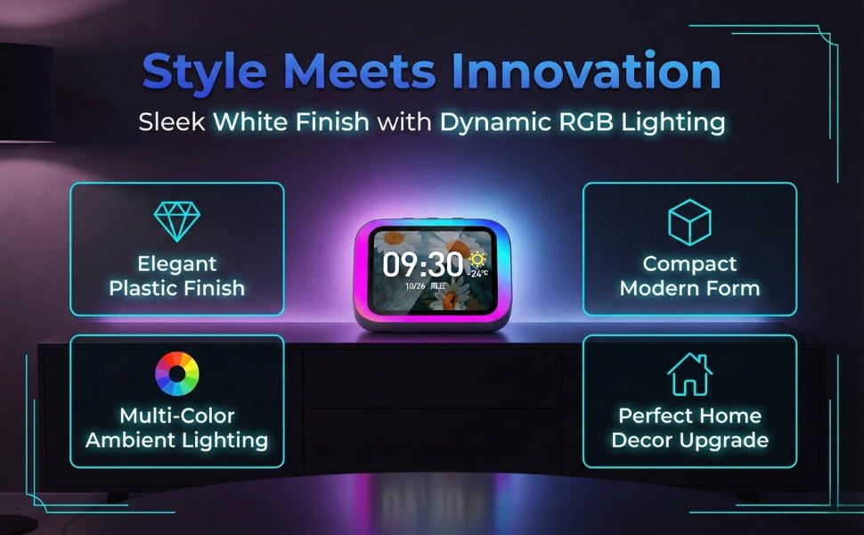 Smart Alarm Clock,Digital Alarm Clock for Bedroom with Wireless Bluetooth 5.4 Speaker,Dynamic RGB Light,Stereo Sound,Large Screen Display,Time&Weather Display,Hand-Free Calls,Great for Seniors,Kids