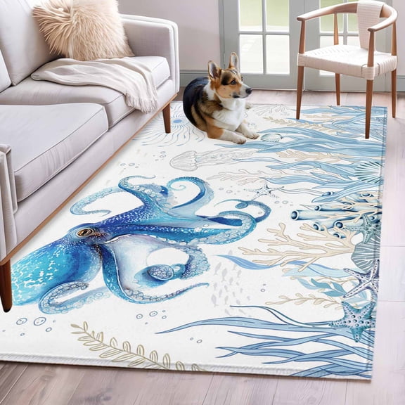 Rectangle Area Rugs 3 x 5 Ft, Blue Octopus Coastal Non-Slip Residential Carpet, Summer Beach Nautical Ocean Coral Starfish Indoor Crawling Mats Runner Rugs for Living Room/Dining Room/Bedroom