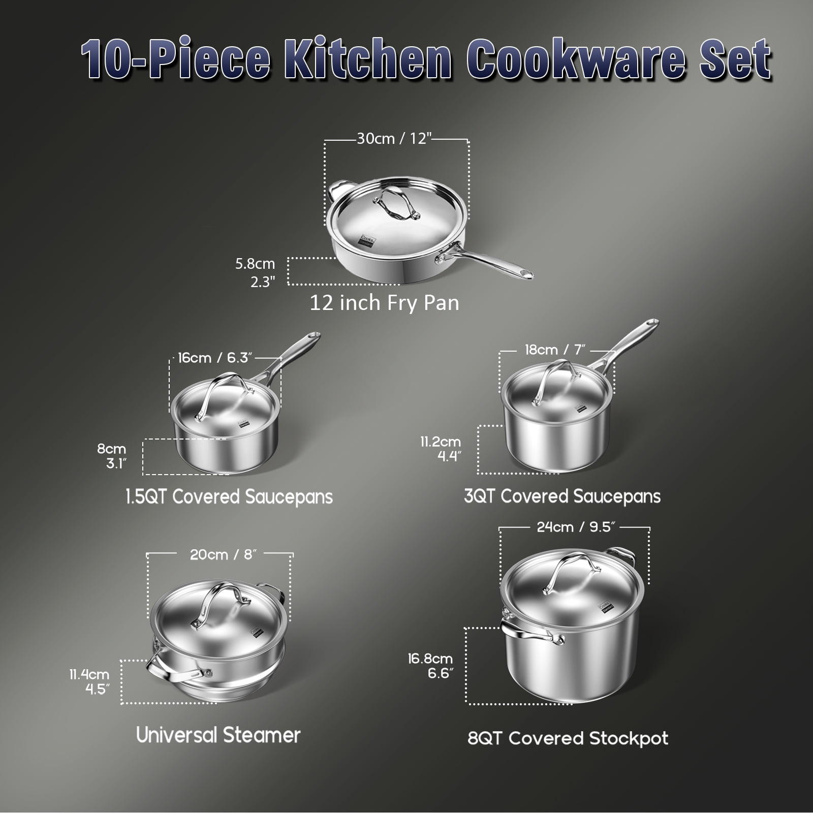 Cooks Standard Multi-ply Clad Stainless Steel Cookware Set, Includes Saucepans, Steamer, Stockpot, Frying Pans with Lids, Induction Compatible, Dishwasher Safe, Oven Safe, 10-Piece