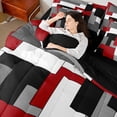 thumbnail image 4 of Manfei Modern Abstract Bedding Comforter Set 7pcs, Minimalism Plaid Queen Bedding Sets, Black Gray White Red Queen Sheet Sets, Microfiber Bedroom Decor, 4 of 8