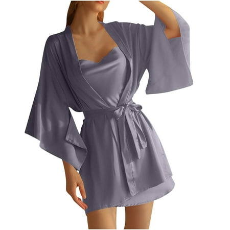 POIUYTR Satin Babydoll Nightdress for Women - Spaghetti Strap Backless Short Dress with Bathrobe Set Valentines Gift for Her  Bridal Set Accessories