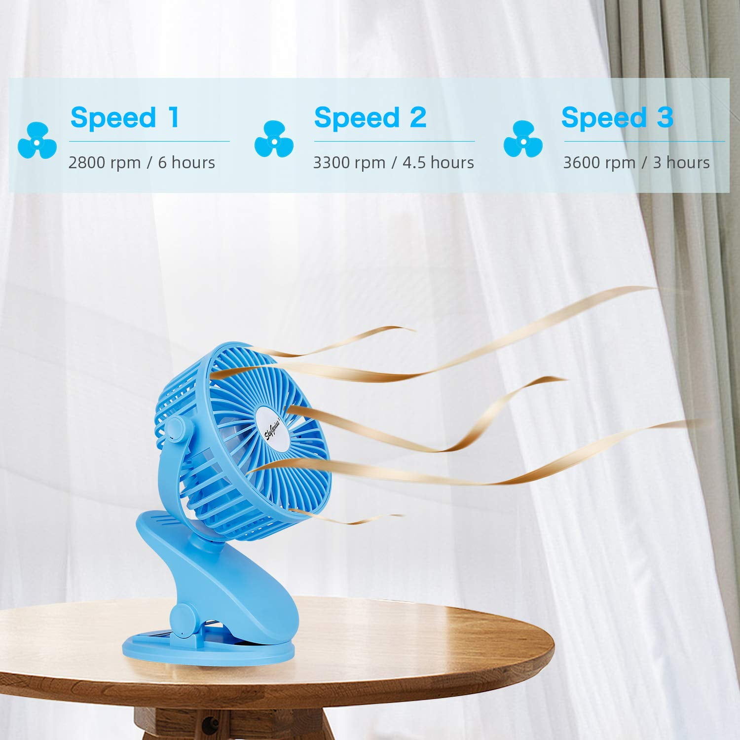 SkyGenius 3-Speed Rechargeable Clip-On Desk Fan