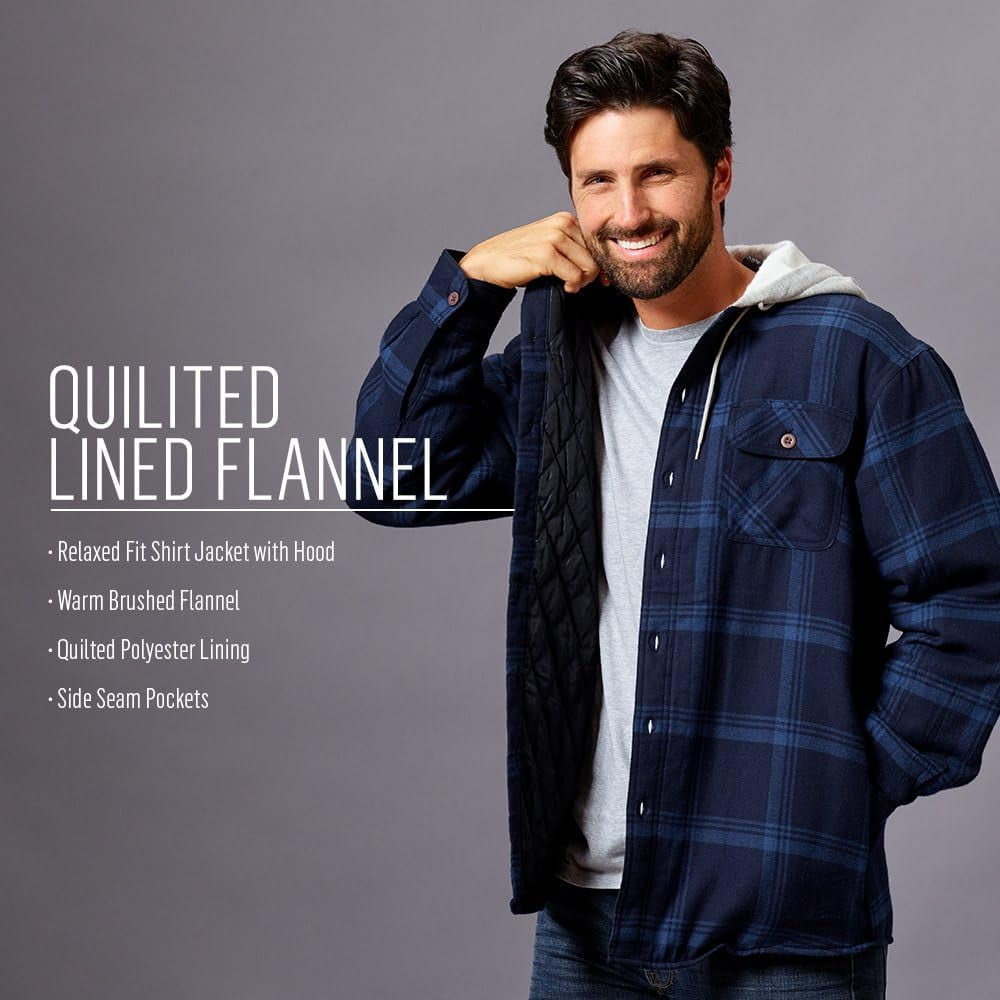 Wrangler&nbsp;Authentics Men's Long Sleeve Quilted Lined Flannel Shirt Jacket with Hood Medium Total Eclipse With Heather