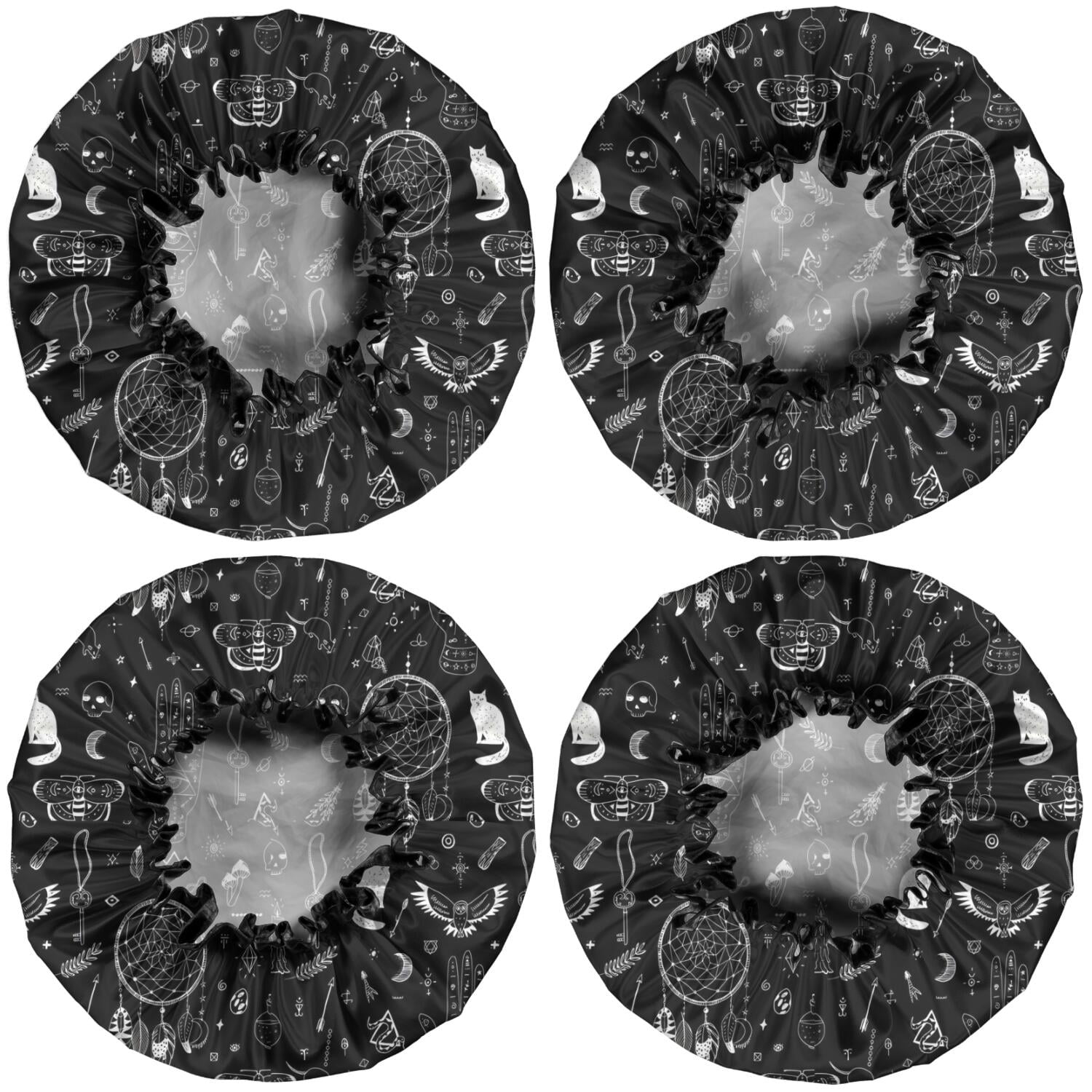 Shower Caps,Black Gothic Cat Dreamcatcher Pattern Waterproof Shower Cap for Women 4 Pieces,Double Reusable Hair Cover for Shower PEVA Elastic Stretch Hem