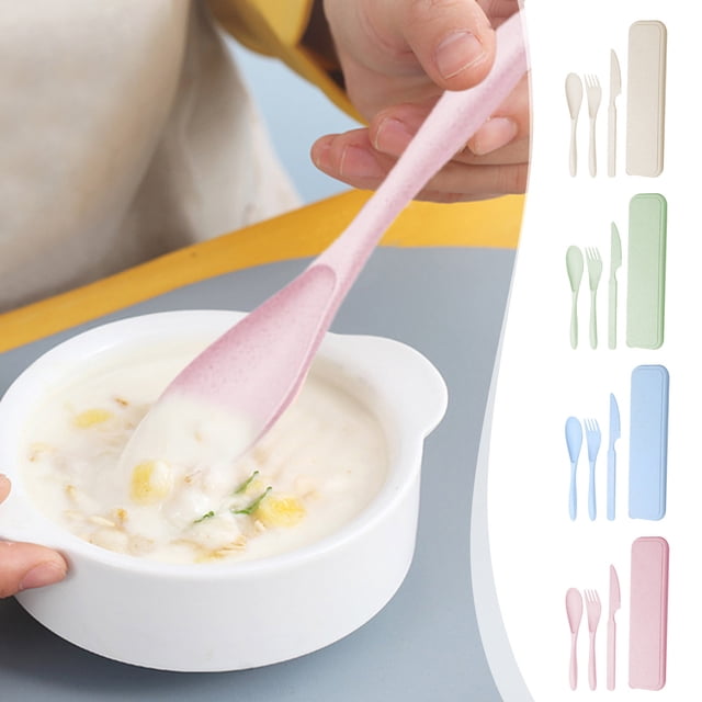 Set de cubiertos de paja de trigo Utensilios portátiles de viaje – cuchillo, tenedor, cuchara, plástico, rosa/azul/verde/blanco, ecológico, reutilizable, estuche ligero, 20,8 cm, camping al aire