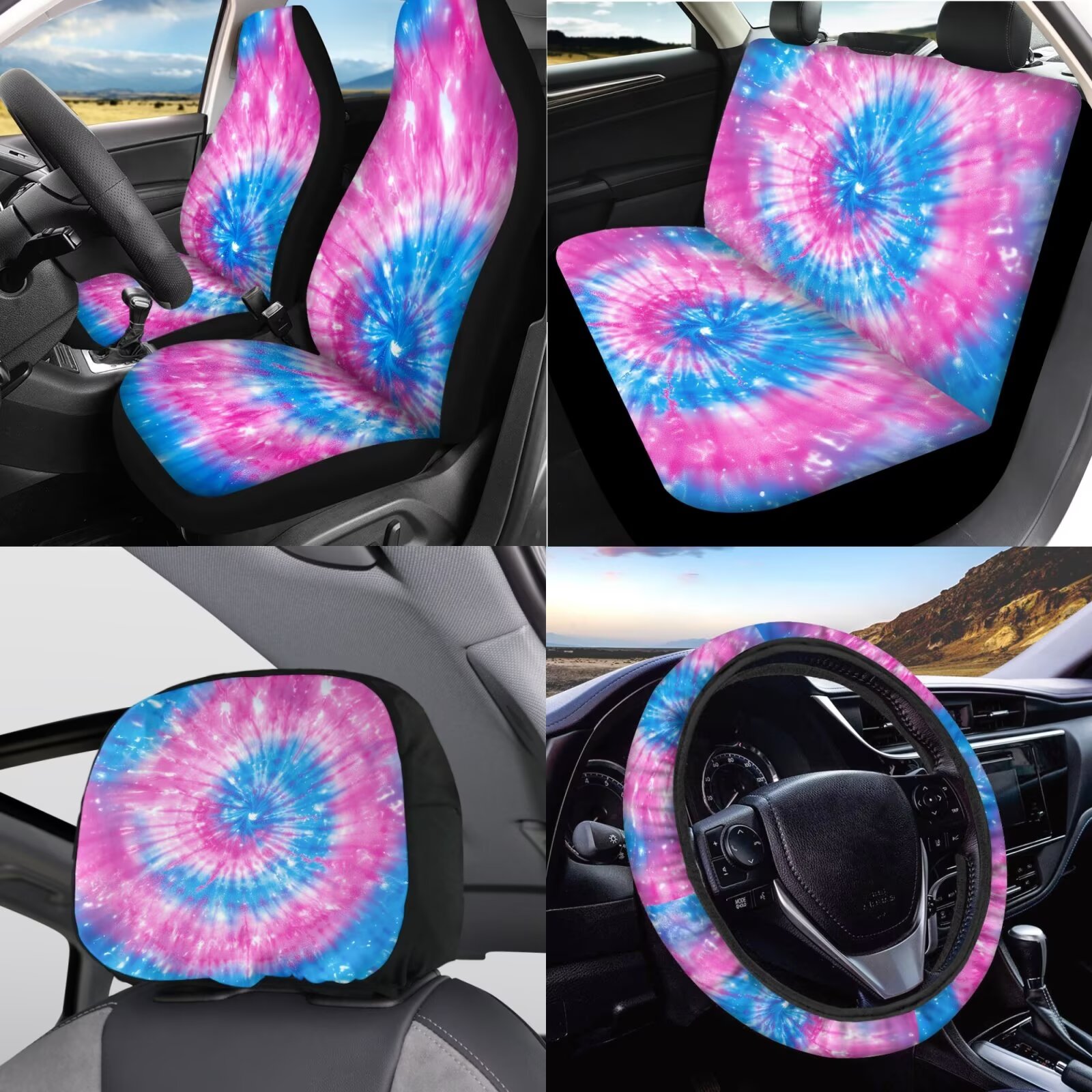 Garronmavis Blue & Pink Dye-Tie Car Seat Covers Full Set Universal Fit Most Vehicle Decor Interior with Steering Wheel Wrap Gear Shift Cover Handbrake Sleeve Headrest Protectors Cup Coaster